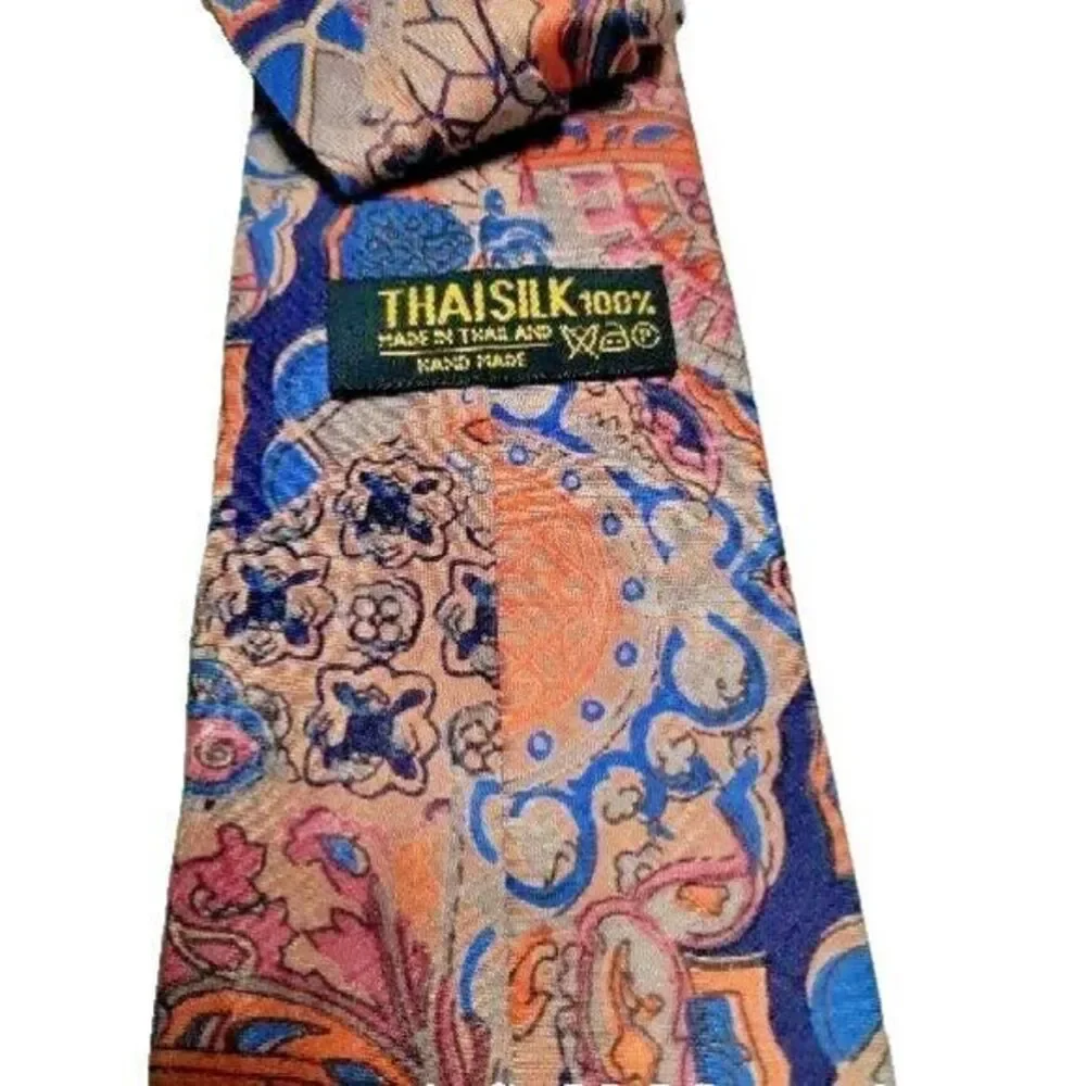 Thai Silk Men Abstract 100% Pure Silk Tie Blue & Peach Necktie Made‎ in Thailand
